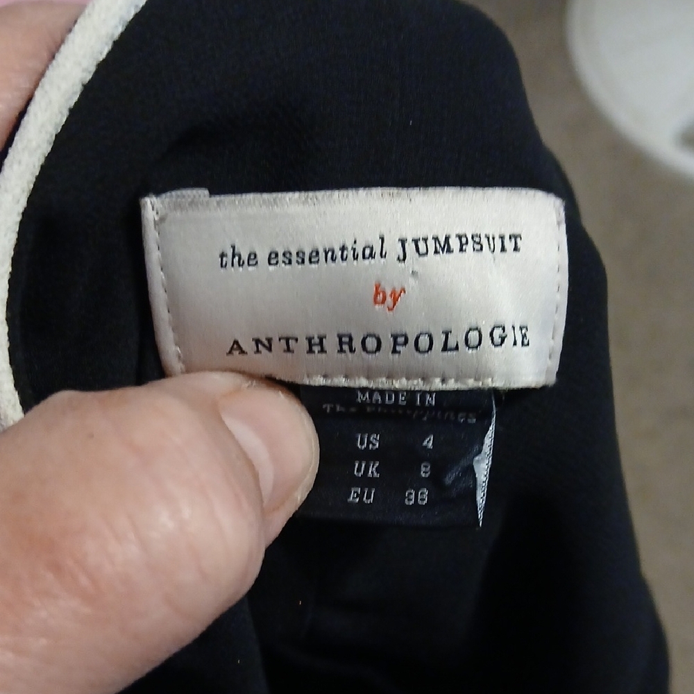 Anthropologie Black Jumpsuit with White Piping and Waist Tie - Picture 6 of 7